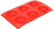 Rote Silikonform mit sechs runden Vertiefungen. Ideal zum Backen oder Einfrieren.
