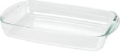 Rechteckige Glasbackform ohne Deckel. Transparentes Material, flache Form.