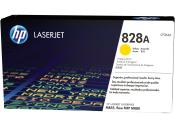Schwarze Verpackung für einen gelben Drucker-Toner. Aufschrift 'HP LASERJET 828A'. Abbildung eines gelben Kreises. Hinweis auf professionelle Druckqualität.