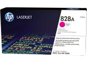 Schwarze Verpackung mit bunten Städtenamen. Magenta-Farbe hervorgehoben. Produktbezeichnung: Imaging Drum 828A. Für HP LaserJet M855 und MFP M880.