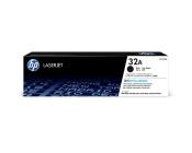 Schwarze Druckertoner-Verpackung. Modellnummer 32A. HP LaserJet. Aufdruck mit technischen Informationen und Logo.
