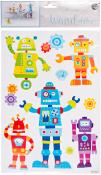 Bunte Wandsticker mit Robotermotiven. Verschiedene Formen und Farben, geeignet für Kinderzimmer.