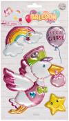 Bunte Aufkleber in Form von Luftballons, einer Ente und einem Regenbogen. Der Aufkleber mit dem Text 'It's a girl' ist lila.