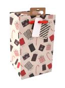 Geschenktüte mit buntem Geschenkedesign. Enthält rote und schwarze Geschenke sowie Zuckerstangen.