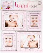 Vier Bilderrahmen in rosa und weiß. Rahmen mit verschiedenen Designs. Fotos von einem Baby und einer Mutter. Fröhliche Ausdrücke.