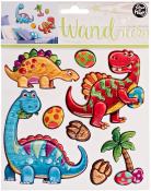 Wanddeko mit bunten Dinosauriern und Eiern. Enthält verschiedene Formen und Farben.