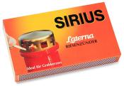 Packung mit Streichhölzern in orangefarbenem Design. Auf der Vorderseite steht 'SIRIUS' und 'Ideal für Grabkerzen'.