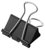 Schwarzer Büroklammer-Halter aus Metall. Er hat zwei gebogene Griffe.