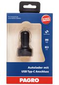 Schwarzer Autoladegerät mit USB Typ-C Anschluss. Verpackung in blau mit weißen und roten Schriftzügen.