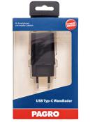 Schwarzer USB Typ-C Wandlader in durchsichtiger Verpackung. Auf der Verpackung steht 'für Smartphones und mobiles Zubehör'.