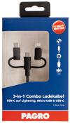 3-in-1 Ladekabel mit USB-C, Lightning und Micro-USB Anschlüssen. Verpackung in blau und rot.