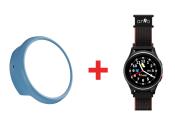 Ein blauer Ring und eine schwarze Smartwatch mit buntem Ziffernblatt. Die Uhr hat ein sportliches Design.