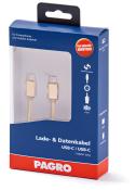 Lade- und Datenkabel, USB-C zu USB-C. 1 Meter lang. Verpackung in Blau und Rot. Hinweis auf Synchronisation und Laden.