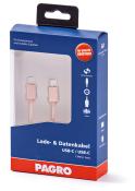 Lade- und Datenkabel USB-C in rosa. Verpackung zeigt zwei Anschlüsse und ist 1 Meter lang.