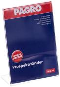 Prospektständer aus transparentem Material. Steht auf einem stabilen Fuß. Für DIN A7 Formate geeignet. Aufdruck mit Logo und Qualitätshinweis.