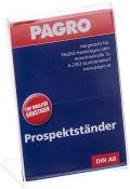 Aufsteller für Prospekte. Dunkelblauer Hintergrund mit rotem Logo 'PAGRO'. Text in Weiß: 'Prospektständer'. Größe DIN A8.
