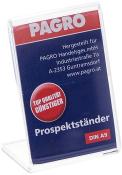 Aufsteller für Prospekte. Rote und blaue Farben. Text: 'TOP QUALITÄT GÜNSTIGER'. Größe DIN A9.