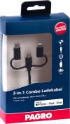 3-in-1 Ladegerät mit USB auf Lightning, Micro-USB und USB-C. Kabel ist 1 Meter lang.