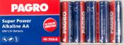 Packung mit 40 AA-Batterien. Batterien in rot und blau mit der Aufschrift PAGRO.
