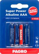 Packung mit vier AAA-Batterien. Eine Batterie ist rot, die anderen sind blau.