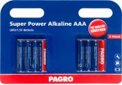 8 AAA-Batterien in einer blauen Verpackung. Aufschrift: 'Super Power Alkaline AAA'. Hinweise zur Polung und Entsorgung.