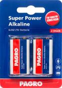 Zwei 9V Alkaline Batterien in einer blauen Verpackung. Auf der Verpackung steht 'Super Power Alkaline'.