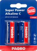 Zwei C-Batterien in einer Verpackung. Rot-blaues Design. Aufschrift: 'Super Power Alkaline C'.