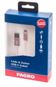 Verpackung für ein USB-C Kabel in rosa und silber. Auf der Vorderseite sind Lade- und Datensymbole sowie die Länge von einem Meter angegeben.