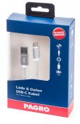 Verpackung für ein USB-C Kabel. Kabel ist silberfarben, 1 Meter lang. Auf der Verpackung steht 'Lade & Daten'.