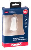 weißer Autoladegerät mit zwei USB-Anschlüssen. Verpackung in blau und rot. Hinweis auf 3,4 A Leistung.