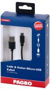 Schwarzes Micro-USB Kabel. Länge: 1 Meter. Verpackung in Blau und Rot. Symbole für Laden und Datenübertragung.