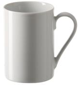 Weiße Tasse mit geradem Körper und einem Henkel. Die Oberfläche ist glänzend und schlicht.