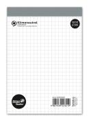 Notizblock mit kariertem Papier. Oben grauer Rand und Logo.