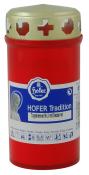 Roter Grablichtbehälter mit goldenem Deckel. Auf der Vorderseite steht 'HOFER Tradition' und eine Abbildung einer Figur.