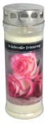 Kerze in einem transparenten Behälter mit silbernem Deckel. Auf der Vorderseite sind rosa Rosen und der Text 'In liebevoller Erinnerung' zu sehen.