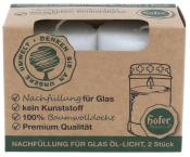 Paket mit zwei weißen Nachfüllkerzen für Glasöllichter. Verpackung aus Karton, umweltfreundlich.