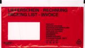 Rotes Dokumentenfach mit transparentem Fenster. Beschriftung in mehreren Sprachen: Lieferschein, Packing List, Invoice.