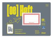 Graues Heft mit gelber Schrift. 100 Prozent Recyclingpapier, 16 Blatt.
