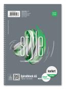 Grauer Spiralblock A5 mit dem Titel 'style'. 40 karierte Blätter, umweltfreundlich.