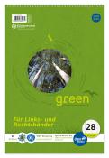 Grünes Notizbuch mit Spiralbindung. Auf dem Cover ein Bild von hohen Bäumen und der Aufschrift 'green'.