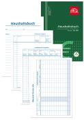 Haushaltsbuch mit blauer Schrift. Enthält Seiten für Einnahmen, Ausgaben und Jahresübersicht.
