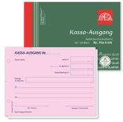 Grünes Heft mit rotem Rand, beschriftet mit 'Kassa-Ausgang'. Pinkes Formular für Kassenabrechnung mit Feldern zum Ausfüllen.