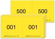 Zwei gelbe Blöcke mit jeweils der Aufschrift 500 und 001. Die Blöcke sind identisch in Größe und Design.