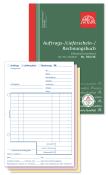 Auftrags-/Lieferschein-/Rechnungsbuch. Grüner Umschlag mit rotem Logo. Selbstdurchschreibend, 50 Blätter. Enthält Felder für Auftrag, Lieferschein, Rechnung, Ort, Datum, Bestellung, Lieferzeit, UID-Nummer.