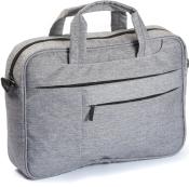 graue Laptop-Tasche mit zwei Griffen. Zwei Reißverschlusstaschen vorne. Schlichtes Design, rechteckige Form.
