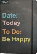 Schwarzes Notizbuch mit bunten Schriftzügen. Titel: 'Be Happy' und Platz für Datum und Aufgaben.
