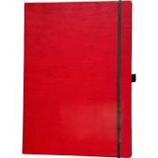rotes Notizbuch mit elastischem Verschluss. Glatte Oberfläche, rechteckige Form. Keine weiteren Verzierungen.