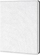 Weißes Notizbuch mit strukturiertem Cover. Es hat eine schwarze Kante und ist schlicht gehalten.