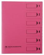 Pinkfarbene Ordnungsmappe mit sechs beschriftbaren Kästchen. Einfaches Design ohne Muster.