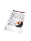 Zwei transparente Seiten mit einem Sushi-Menü. Preise und Gerichte sind aufgedruckt.
